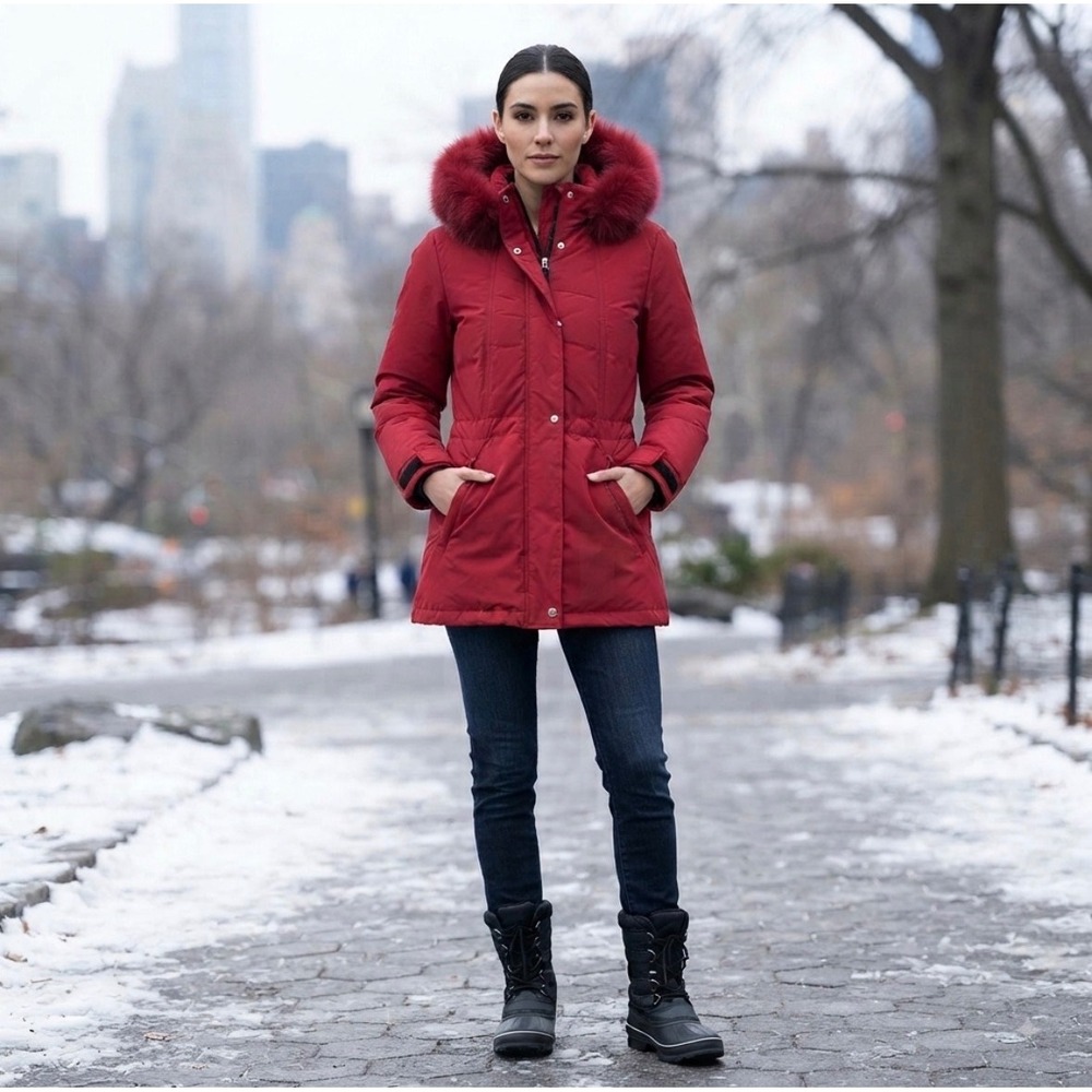 Bernardo Sport Down Parka Women S Red Fox Fur Trim Hood ID0615 Slimming Down NEW